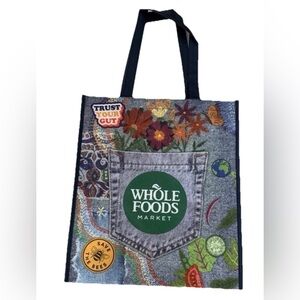 Whole Foods Market reusable shopping bag a denim jeans print-patches and pockets